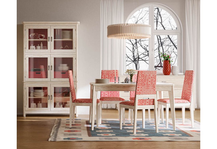 Luxusná jedálenská zostava Rodas z masívneho dreva v svetlej bielej farbe s červenými detailmi a čalúnením na stoličkách