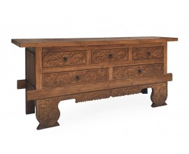 Luxusný hnedý orientálny príborník Lhasa s vyrezávaným ornamentálnym zdobením s piatimi zásuvkami 200 cm