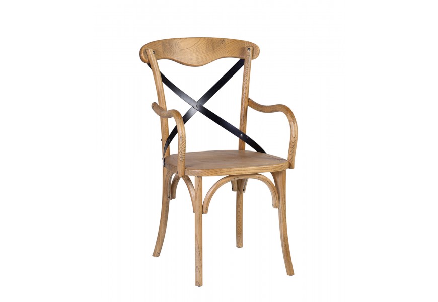 Vidiecka jedálenská stolička Chicago Cruz Tonet z masívneho dubového dreva v svetlej hnedej farbe s opierkami na ruky a s čiernym kovovým krížom na chrbtovej opierke
