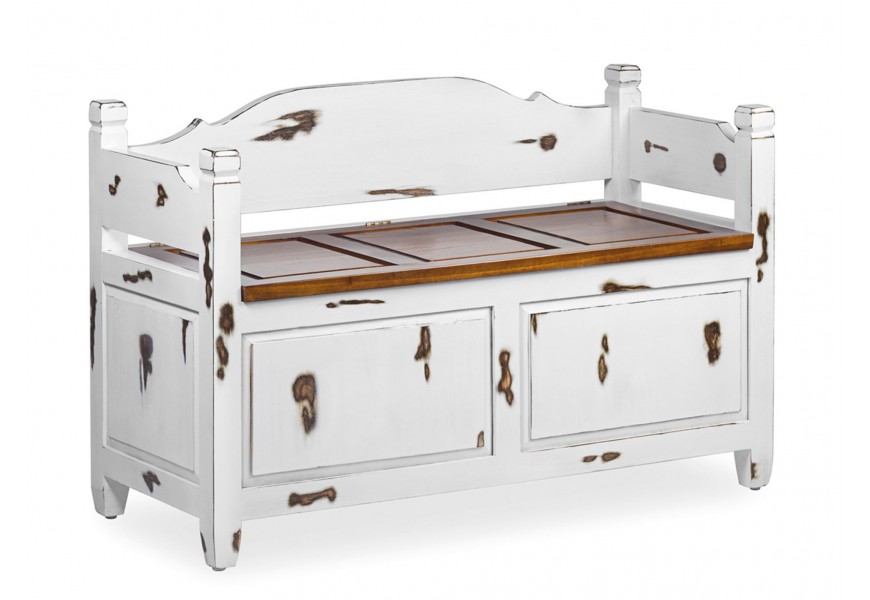 Štýlová biela dizajnová lavica z masívneho dreva vo vintage štýle s vidieckym nádychom s vyrezávanými detailmi