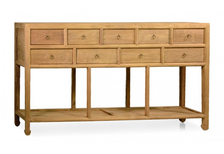 Koloniálny konzolový stolík Calladia z masívneho tíkového dreva v prírodnej svetlej hnedej farbe s deviatimi zásuvkami so zlatými úchytkami a s policou