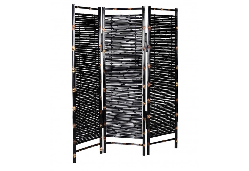 Etno vintage paraván Bambam s čiernym zámerne zošúchaným náterom na ráme a s výplňou s prírodným dizajnom z bambusu s tromi panelmi