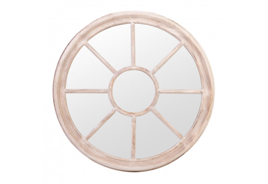 Vintage vidiecke nástenné svetlo hnedé okrúhle zrkadlo Rueda s dreveným bieleným rámom v tvare kolesa