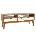 Masívny severský TV stolík Vellesa z mindi dreva v hnedej farbe so štyrmi bielymi zásuvkami 140 cm