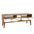 Masívny severský TV stolík Vellesa z mindi dreva v hnedej farbe so štyrmi bielymi zásuvkami 140 cm