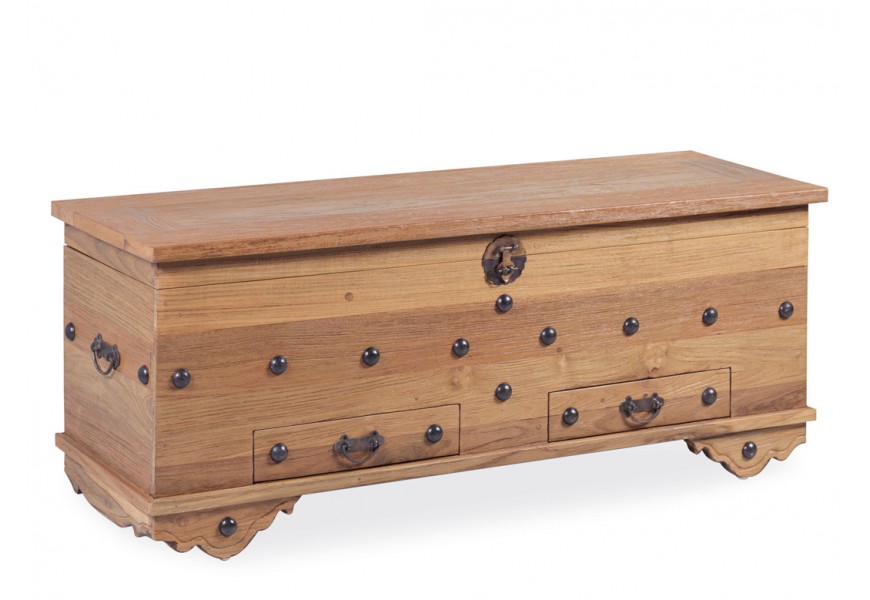 Mas&iacute;vna koloni&aacute;lna truhlica Arjun s dvomi z&aacute;suvkami v svetlej hnedej farbe teakov&eacute;ho dreva 120 cm