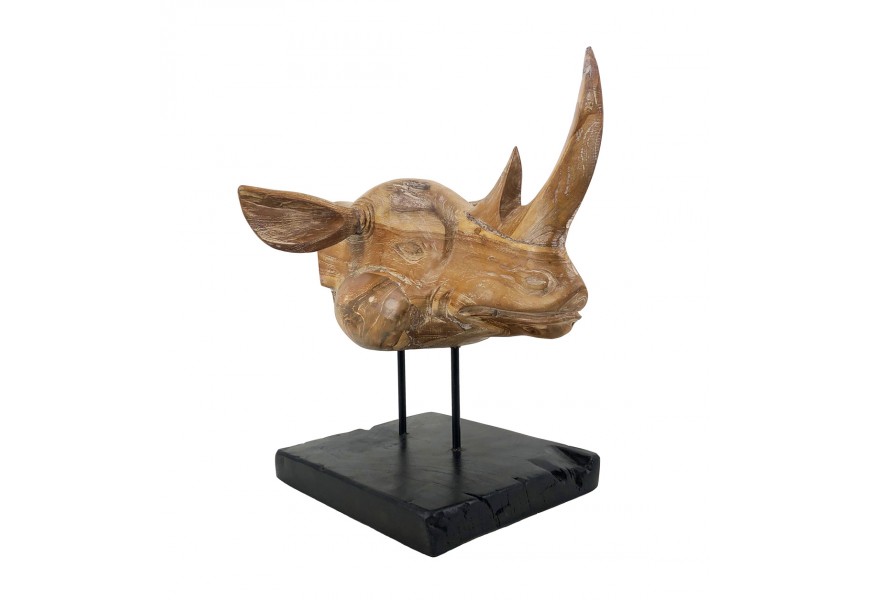 Dizajnová etno hnedá dekorácia Rhino v podobe hlavy nosorožca z masívneho teakového dreva s čiernym podstavcom