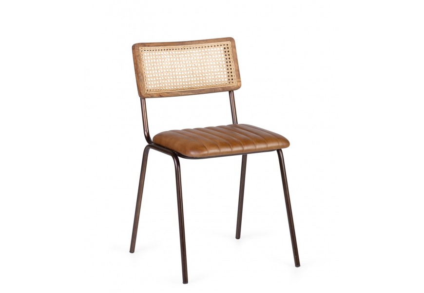 Štýlová kožená industriálny jedálenská stolička Boston v hnedej farbe s prepletaným operadlom a kovovými nožičkami