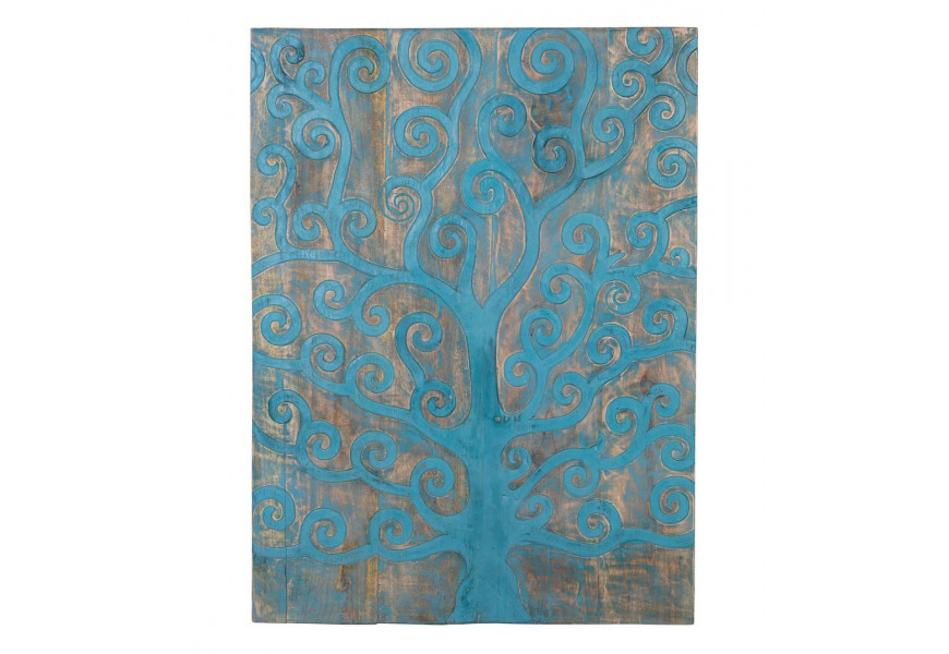 &Scaron;t&yacute;lov&yacute; etno dekorat&iacute;vny dreven&yacute; obraz Tuo s modr&yacute;m stromom120 cm