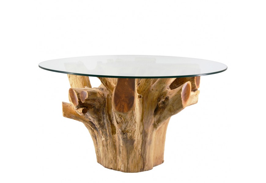 Štýlový konferenčný stolík Remm z teakového masívneho dreva v podobe mohutného koreňa stromu so sklenenou okrúhlou doskou
