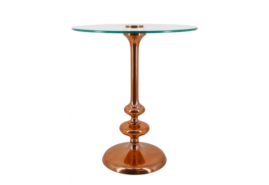 Dizajnový art deco konferenčný stolík Malta s kovovou nohou v medenej farbe so sklenenou doskou v glamour štýle