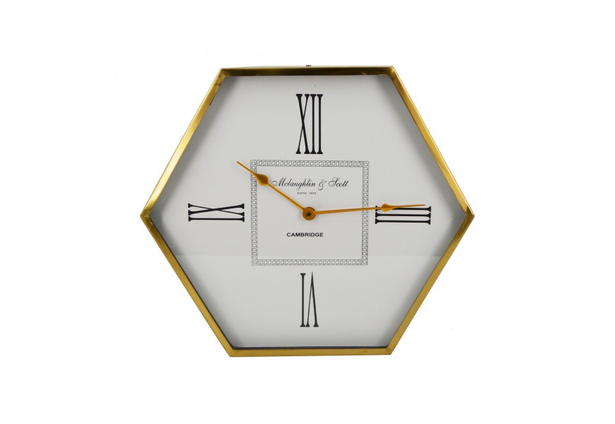 Štýlové šesťuholníkové art deco nástenné hodiny Hex so zlatým rámom s glamour nádychom 53 cm 