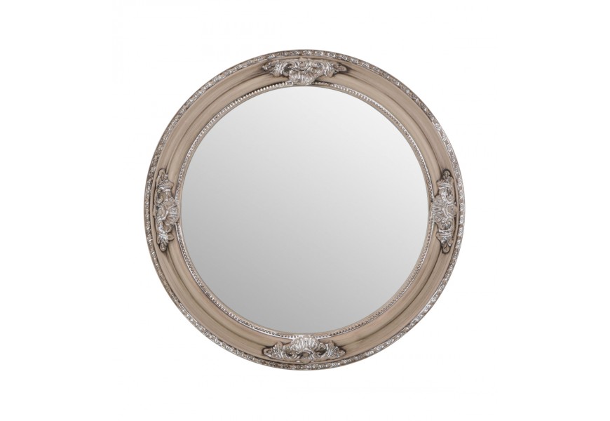 Dizajnové provensalské masívne zrkadlo v okrúhlom tvare z eukalyptového dreva so striebornými detailmi v béžovej farbe