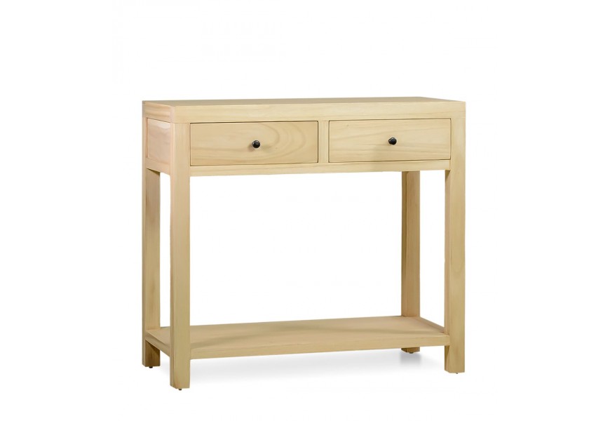 Moderný škandinávsky svetlý hnedý konzolový stolík Arne z masívneho mindi dreva s veľkou policou v spodnej časti a dvomi zásuvkami s okrúhlymi kovovými úchytkami vo vrchnej časti