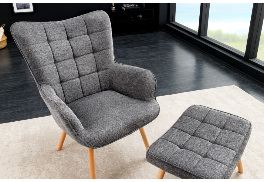 Moderné škandinávske kreslo ušiak Scandinavia so sivým melírovaný poťahom s ozdobný prešívaním do štvorca 98 cm