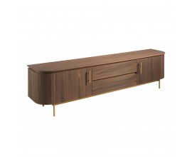 Luxusný art deco TV stolík Vita Naturale z hnedého orechového dreva so zlatými detailmi s s dvomi skrinkami a zásuvkami 220 cm