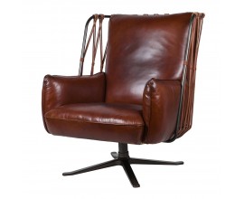 Luxusné kožené kreslo Arizona s hnedým poťahom z pravej kože s čiernym rámom z matného kovu a ozdobnými koženými pletenými lanami na chrbtovej opierke