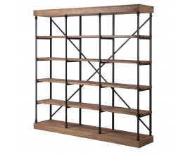 Luxusný rustikálny obdĺžnikový kovový regál s čiernou konštrukciou z masívneho brestového dreva v hnedej farbe