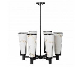 Luxusný moderný čierno biely luster Lilliana s kovovou konštrukciou so šiestimi ramenami a valcovitými alabastrovými tienidlami s hnedým žilovaním