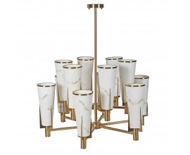Luxusný glamour bielo zlatý luster Lilliana s leštenou mosadznou konštrukciou a dvanástimi ramenami v dvoch úrovniach a kužeľovitými tienidlami zo živice s dizajnom alabastru