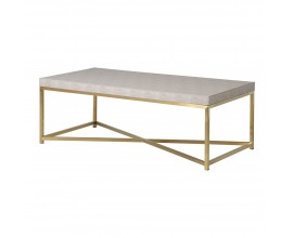 Štýlový glamour konferenčný stolík so zlatými nožičkami a koženou doskou v béžovej farbe s art deco nádychom 60 cm