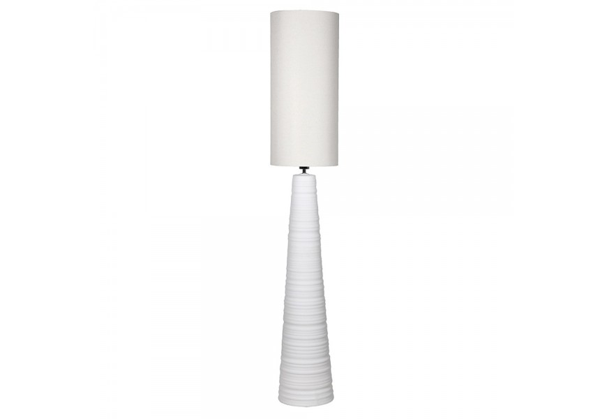 Moderná vysoká keramická stojaca lampa Lory so vzormi a s valcovým bielym ľanovým tienidlom