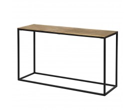 Moderný industriálny zlatý príručný stolík Gold Iron s obdĺžnikovou vrchnou doskou s výraznou štruktúrou a lineárnou kovovou podstavou v čiernej farbe