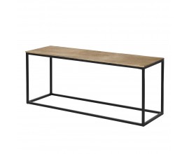 Moderný industriálny obdĺžnikový príručný stolík Gold Iron s lineárnou kovovou podstavou so štyrmi nožičkami v čiernej farbe a vrchnou doskou z kovovej zliatiny s výraznou štruktúrou v zlatej farbe