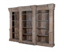 Luxusná vintage starožitná drevená knižnica Emilia s dvanástimi policami v svetlo hnedej farbe s vyrezávaním a ornamentmi