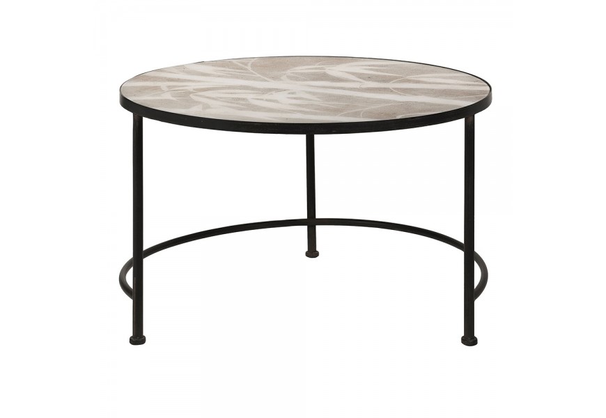 Dizajnový moderný okrúhly konferenčný stolík Ambri s béžovou vrchnou doskou s bambusovým vzorom a čiernou podstavou 80 cm