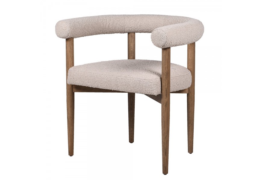 Moderné buklé béžové jedálenské kreslo Joyce s čalúneným sedadlom a poloblúkovou chrbtovou opierkou s dreveným rámom v svetlej hnedej farbe