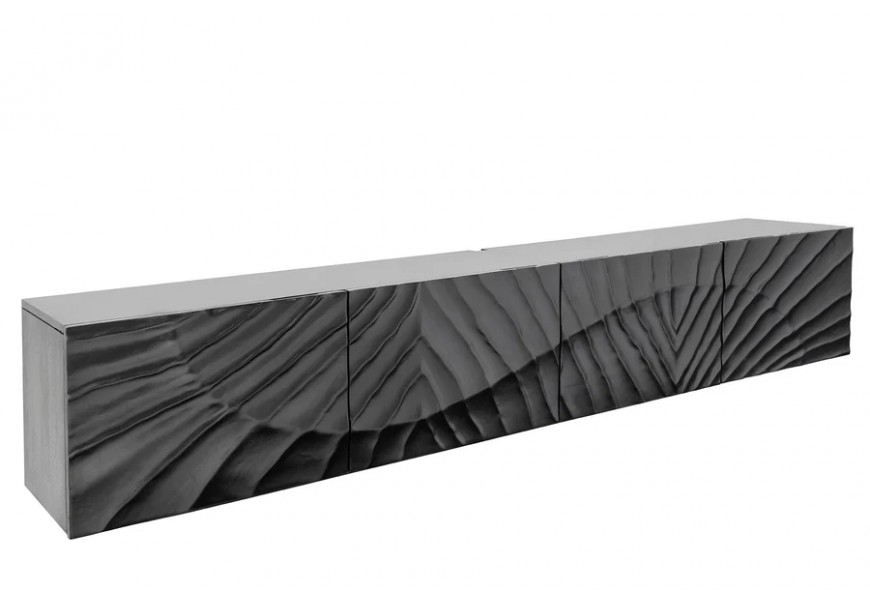 Dizajnový štvordverový závesný etno televízny stolík Cumbria v obdĺžnikovom tvare s vyrezávaním a z masívneho mangového dreva v čiernej farbe s hnedým vnútrom