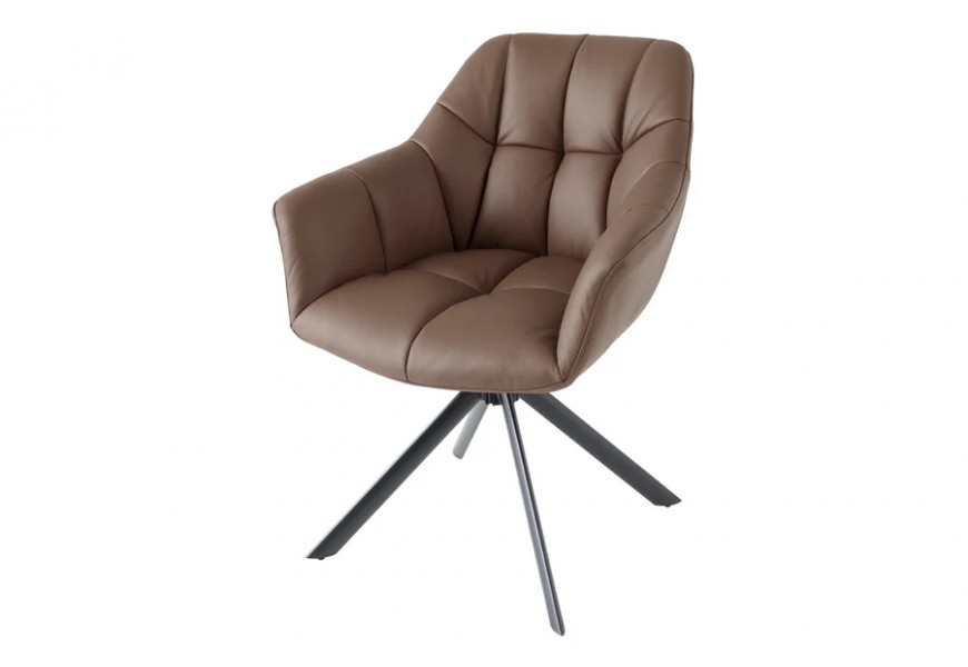 Štýlová otočná hnedá jedálenská stolička Mariposa s prešívaním a čiernymi kovovými nožičkami 83 cm