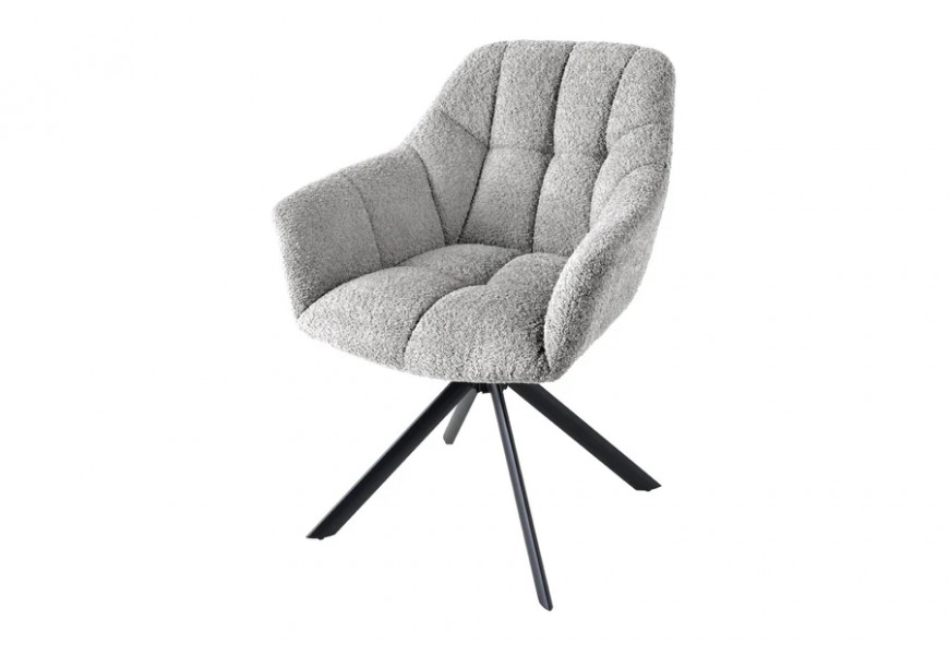 Štýlové otočné kreslo Mariposa s bouclé prešívaným poťahom sivej farbe s čiernymi matnými kovovými nožičkami a čalúnením