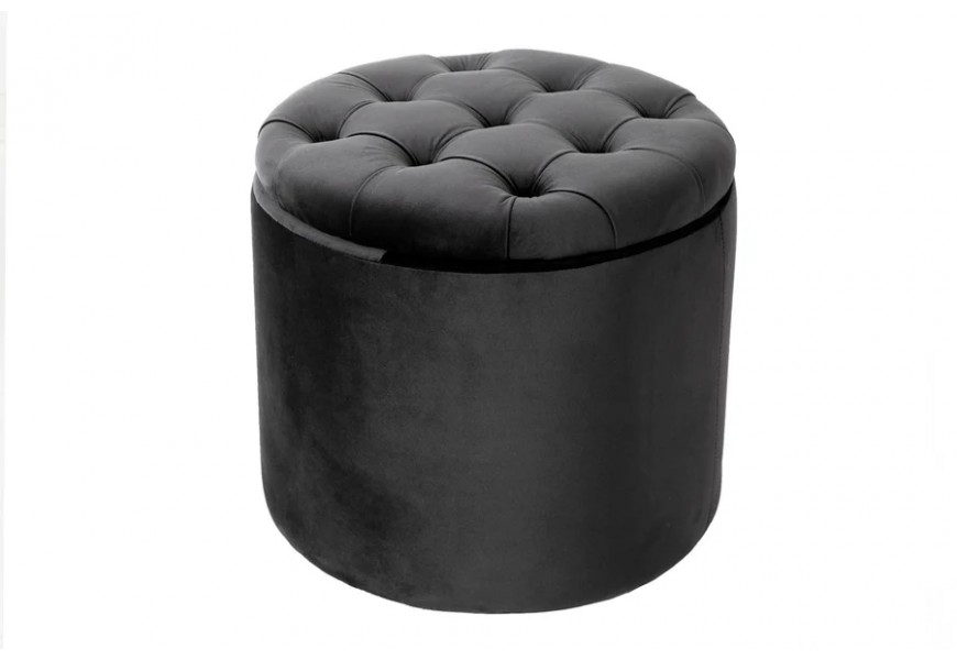 Dizajnová okrúhla glamour tmavosivá taburetka Modern Barock so zamatovým čalúnením a prešívaním s gombíkmi s úložným priestor