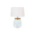 Štýlová sklenená stolná lampa Clasico s nohou v podobe priesvitnej nádoby s valcovým béžovým tienidlom 60 cm