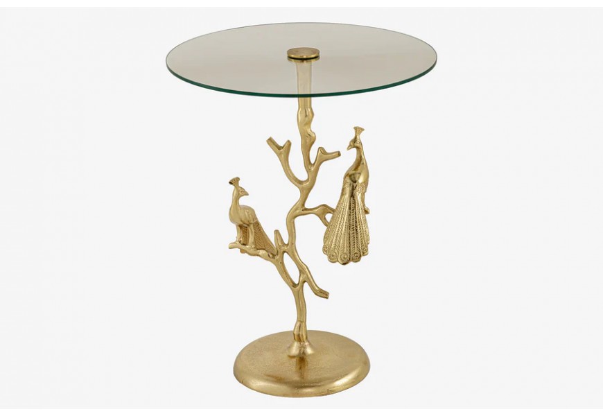 Dizajnový glamour príručný stolík Tierra Glam so sklenenou okrúhlou doskou a nohou v podobe dvoch pávov sediacich na strome v antickej zlatej farbe