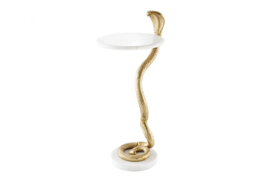 Štýlový art deco kovový zlatý príručný stolík Tierra Glam s okrúhlou mramorovou doskou a nohou v podobe hada 63 cm 