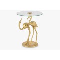 Štýlový okrúhly príručný stolík Tierra Glam so sklenenou doskou a kovovou zlatou nohou s podstavou dvoch žeriavov 55 cm 