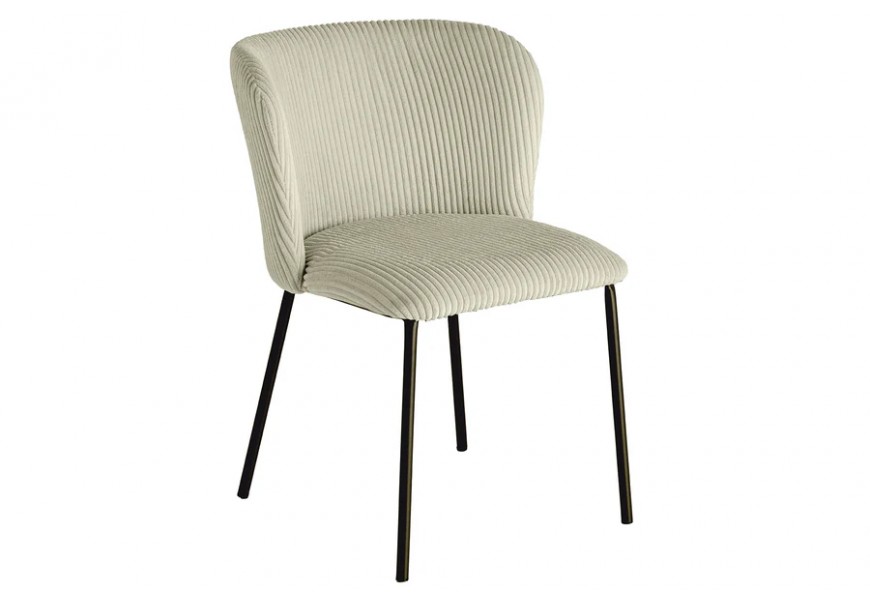 Dizajnová retro jedálenská svetlo zelená stolička Olive v jemnej zelenej farbe s kordovou látkou a s čiernymi kovovými nožičkami