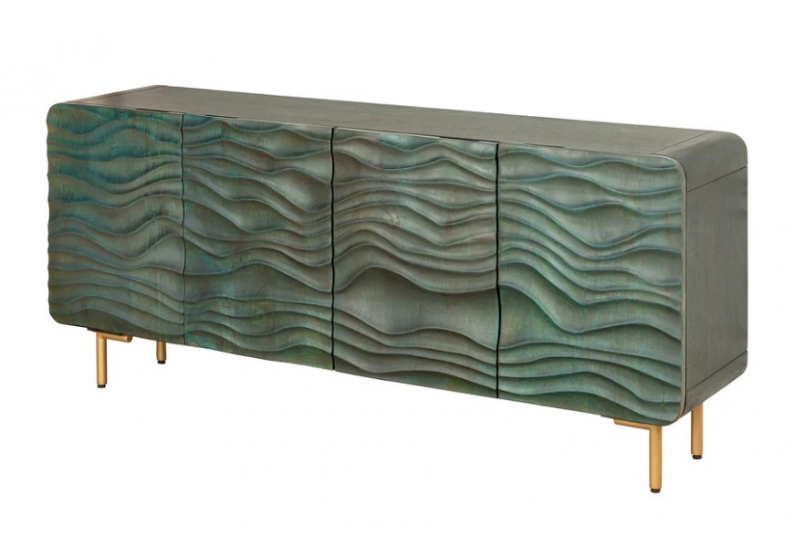 Dizajnový štvordverový art deco obdĺžnikový príborník Tyrquis z masívneho dreva v tyrkysovej farbe so zlatými kovovými nožičkami