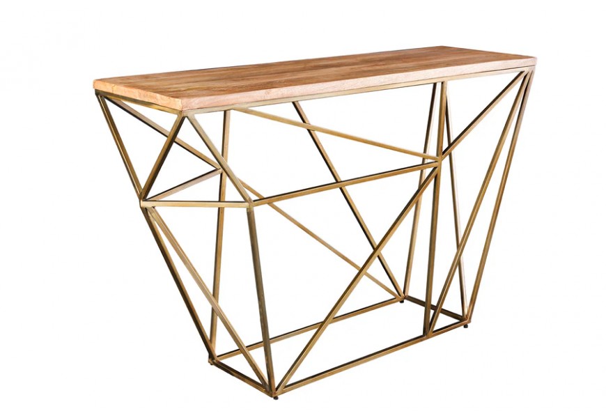 Dizajnový konzolový stolík Xoia v obdĺžnikovom tvare v art deco štýle s mosadzným geometrickým rámom a masívnou hnedou mangovou doskou v diamantovom tvare v zlatej farbe