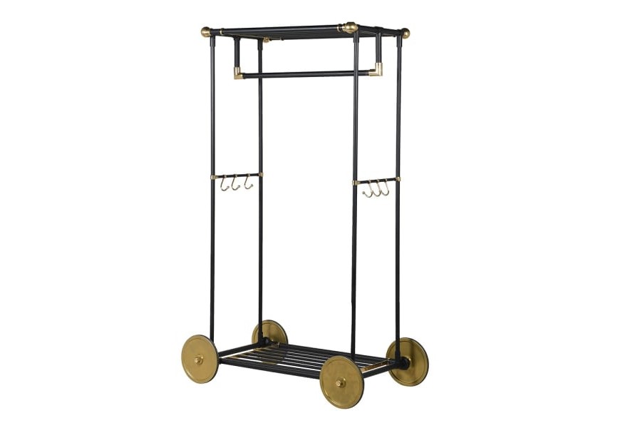 Art deco vešiak na kolieskach Trolley v obdĺžnikovom tvare s glamour nádychom s čiernou konštrukciou a mosadznými detailmi