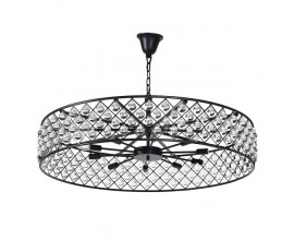 Štýlový industriálny okrúhly stropný luster Bubble s čiernou matnou kovovou konštrukciou s mriežkou a detailmi v tvare kvapiek zo skla