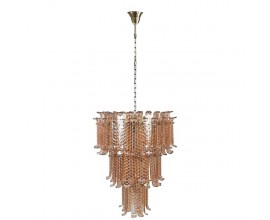 Retro luxusný závesný stropný luster s tromi poschodiami v medenej farbe so sklenenými dekoráciami a kovovou okrúhlou konštrukciou so skleneným tienidlom so vzorom včelích plástov