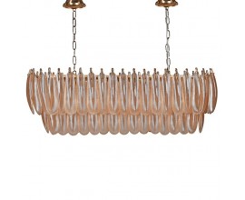Luxusný glamour závesný stropný luster Hendy v medeno hnedej farbe v oválnom tvare s dvomi poschodiami so skleneným pierkovým tienidlom a kovovou zlatou konštrukciou s art deco nádychom