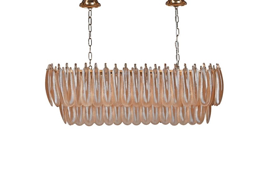 Luxusný glamour závesný stropný luster Hendy v medeno hnedej farbe v oválnom tvare s dvomi poschodiami so skleneným pierkovým tienidlom a kovovou zlatou konštrukciou s art deco nádychom