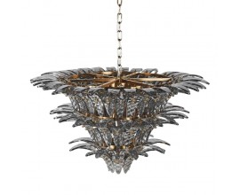 Luxusný glamour závesný sklenený luster Smokey v sivej dymovej farbe so zlatou okrúhlou konštrukciou s dizajnom okvetných listov a tromi poschodiami
