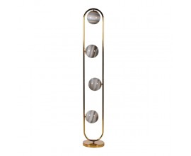 Dizajnová art deco zlatá kovová lampa Etherial s oválnym rámom so štyrmi tienidlami zo skla v okrúhlom tvare s bielo-sivým mramorovým dizajnom