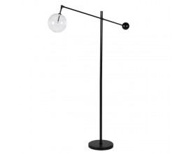 Moderná industriálna čierna stojaca lampa Burbulia s konštrukciou z kovu a guľatým priehľadným tienidlom zo skla